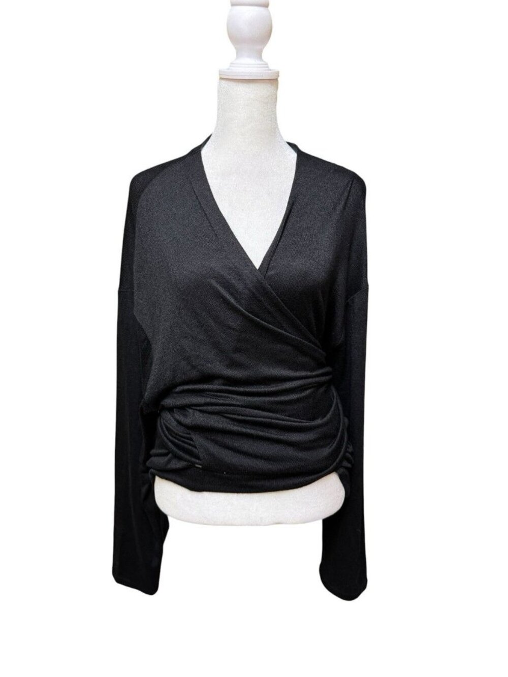 Vince Wrap Top Tie Waist Surplice Black Long Sleeve Womens XXL